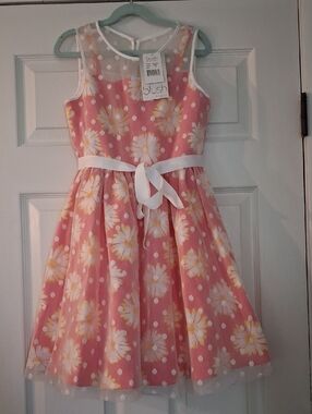 NWT Girls Pink Daisy Print Mesh Overlay Party Dress with White Ribbon Waist Tie